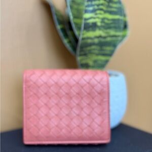 Bottega Venetta Pink Woven Leather Compact Wallet w COA